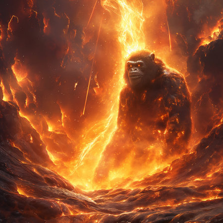 Gorilla burning in a hellfire. 3D illustration.の素材