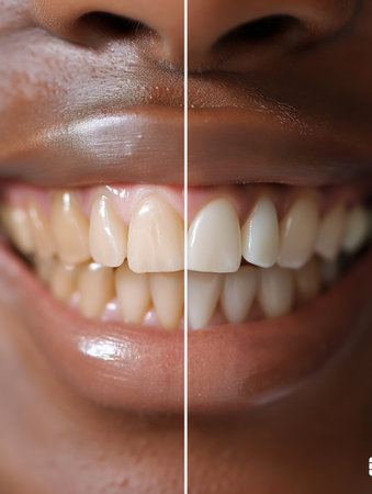 Closeup of a woman's teeth before and after whitening.の素材