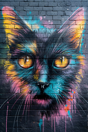 Graffiti on brick wall. Colorful cat portrait. Street art concept.の素材