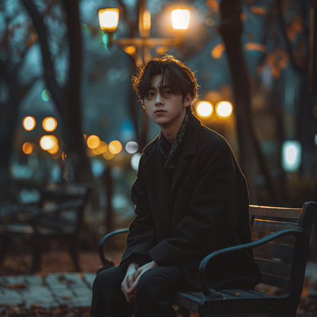 Portrait of a handsome young man sitting on a bench in the eveningの素材