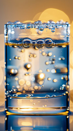 Glass of whiskey with ice and bubbles on a background of yellow bokehの素材