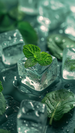 Ice cubes with mint leaves on a dark blue background. Toned.の素材