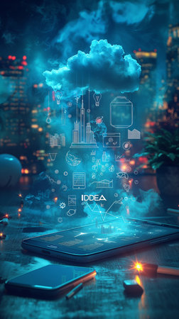 Smartphone with cloud and city on the screen. Cloud computing conceptの素材