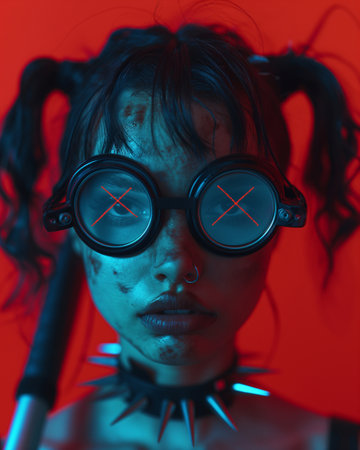 Portrait of a girl with Halloween make-up on a red background.の素材