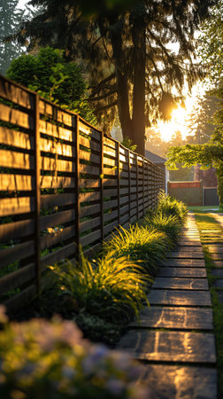 Wooden fence in the garden at sunset. Beautiful summer landscape.の素材