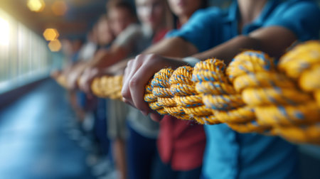 Close up of a group of people holding rope in the fitness clubの素材