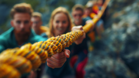 Group of friends climbing on a rock with a rope in their handsの素材