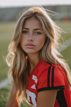 Beautiful girl blonde in a red sports uniform on the football fieldの素材