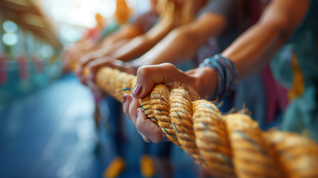 Close up of a group of people pulling rope in a race.の素材