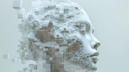 3d rendering of a white robot head with cubes in the backgroundの素材