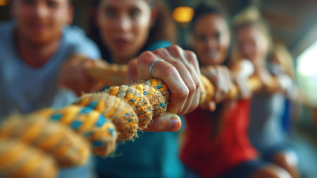 Group of friends playing tug-of-war in the gym.の素材
