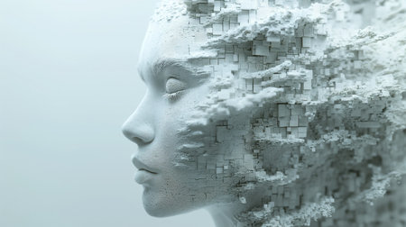 3d rendering of a female face with white cubes in the backgroundの素材