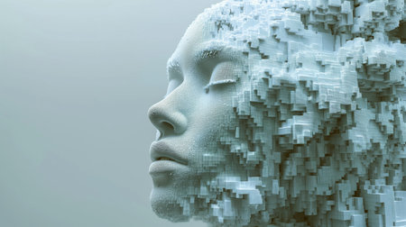 3d rendering of a female head made of cubes in cyberspaceの素材