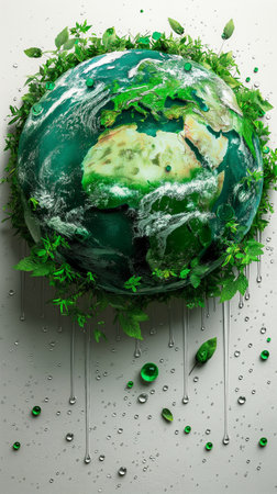 Green planet covered with grass and water drops. 3d illustration.の素材
