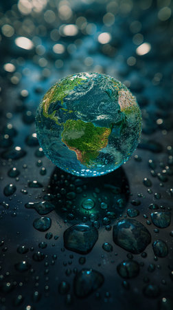 Glass globe with water drops on dark background. Global warming concept.の素材