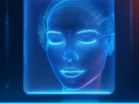 3D Illustration of Human Face with Light Particles on Blue Backgroundの素材