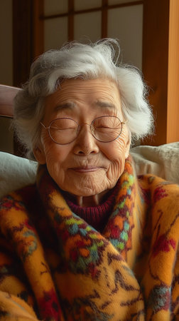 Portrait of an elderly asian woman sitting on sofa at homeの素材