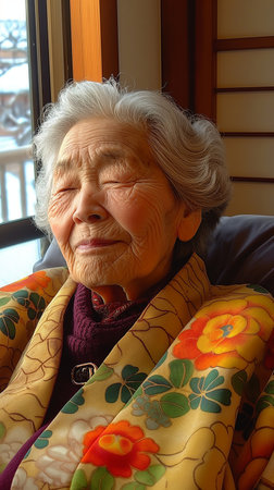 Portrait of a senior asian woman sitting in front of windowの素材