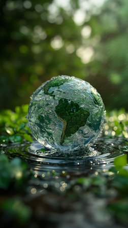 Glass globe in water with green grass on background. Earth day conceptの素材
