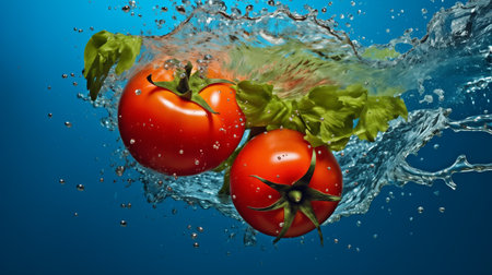 Tomatoes in water with splash on blue background. 3d renderingの素材