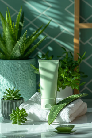 Aloe vera cosmetic cream on white table with green plants.の素材
