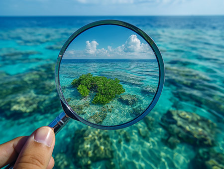 Magnifying glass on a small island in the middle of the seaの素材