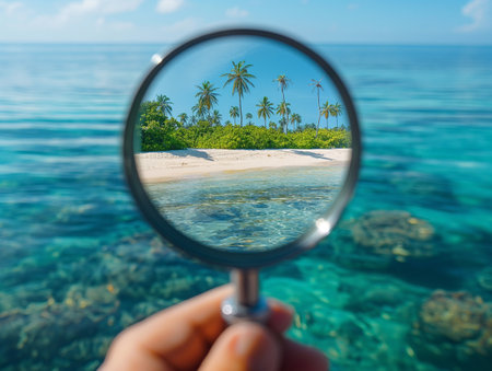 Magnifying glass in hand on tropical island with palm trees and turquoise seaの素材