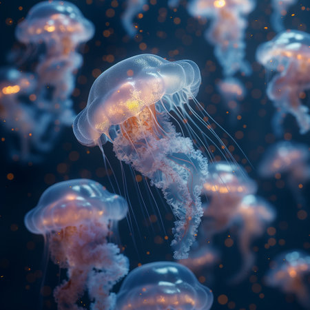 Jellyfish swimming in the ocean. 3D rendering with depth of fieldの素材