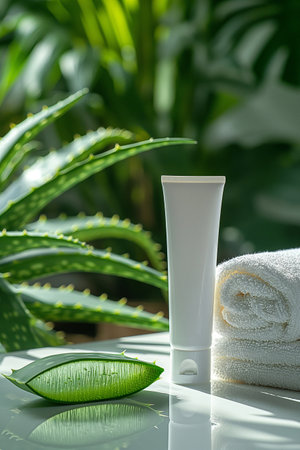 Aloe vera and cream tube with towel on white table.の素材