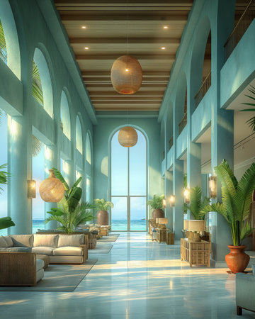 3d rendering of a modern hotel lobby with palm trees and plantsの素材