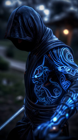 Cyborg man with futuristic bodyart on the background of night cityの素材