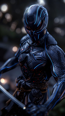 3D rendering of a female cyborg with a sword in her handsの素材