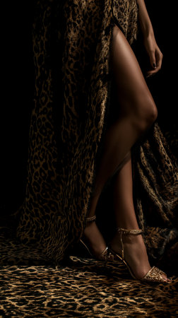Beautiful legs of a girl in a leopard dress on a black backgroundの素材