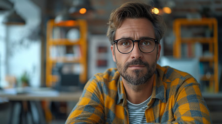 Portrait of handsome man in glasses looking at camera while sitting in cafeの素材