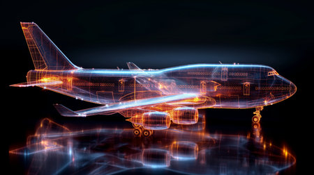 3d rendering of an airplane isolated on black background with neon lightsの素材