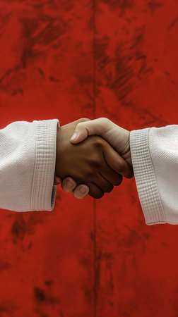 Close up of two black men shaking hands against a red background.の素材