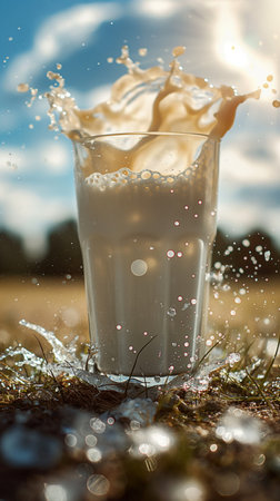 Milk splashing out of a glass on a meadow.の素材