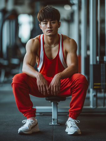 Handsome young man in sportswear sitting on bench in gymの素材