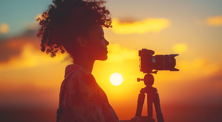 young african american woman with curly hair taking a photo with camera on tripod at sunsetの素材