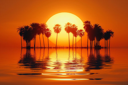 Palm trees at sunset with reflection in water, 3d renderの素材