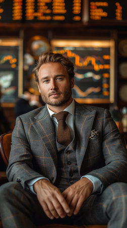 Portrait of a handsome man in a suit sitting in a cafeの素材