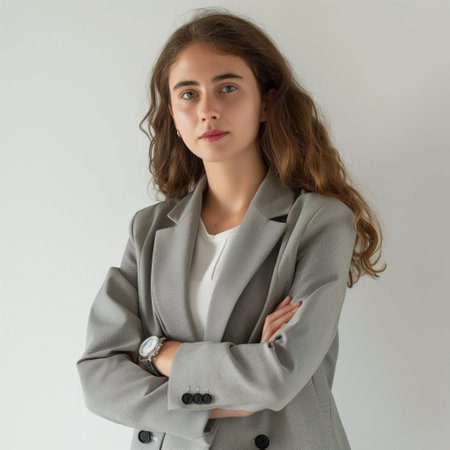 Portrait of a beautiful young business woman in gray suit on grey backgroundの素材
