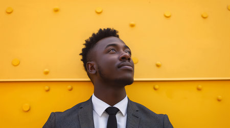 Portrait of young african american man against yellow wall.の素材