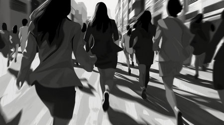 Silhouettes of people walking in the city. 3d renderingの素材