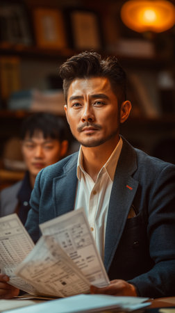 Portrait of a young asian businessman looking at the camera while sitting at his working place.の素材