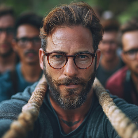 Portrait of a bearded man with glasses standing in front of a group of people.の素材