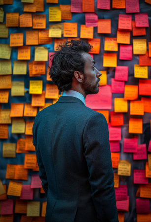 Handsome young man with curly hair, wearing a suit, standing in front of a wall with colorful post it notes.の素材