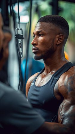 Close-up of male bodybuilder looking away while training in gymの素材