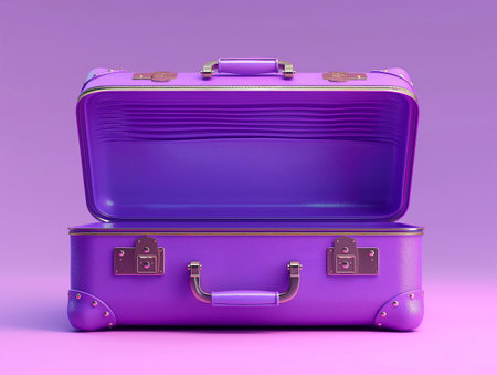 Purple suitcase on a purple background. 3d render illustration.の素材