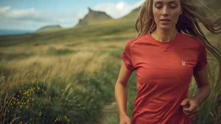 Young woman is running on a green meadow in Iceland. She is wearing a red T-shirt.の素材